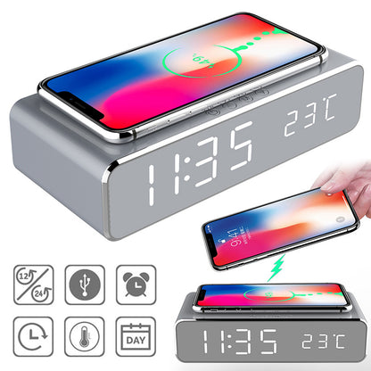LED Electric Alarm Clock With Wireless Charger Desktop Digital Despertador Thermometer Clock HD Mirror