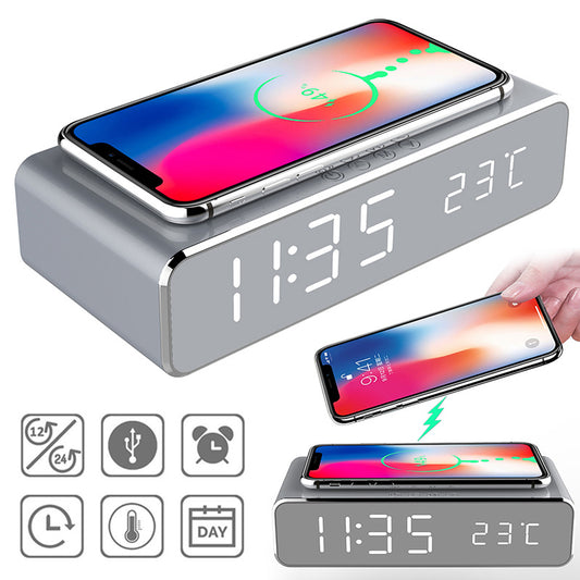 LED Electric Alarm Clock With Wireless Charger Desktop Digital Despertador Thermometer Clock HD Mirror