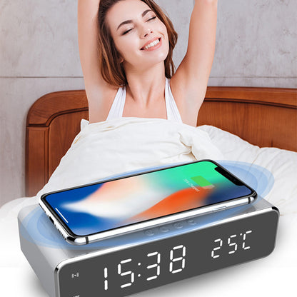 LED Electric Alarm Clock With Wireless Charger Desktop Digital Despertador Thermometer Clock HD Mirror